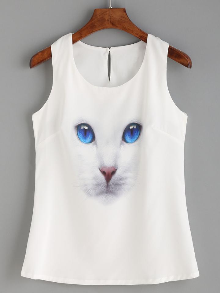 Romwe White Cat Print Buttoned Keyhole Tank Top