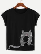 Romwe Black Striped Cat Patch T-shirt