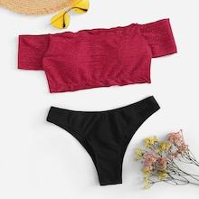 Romwe Striped Lettuce Trim Short Sleeve Bardot Bikini Set