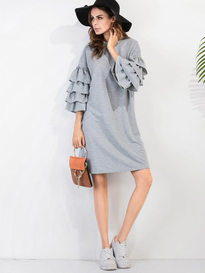 Romwe Tiered Bell Sleeve Drop Shoulder Heathered Knit Tee Dress