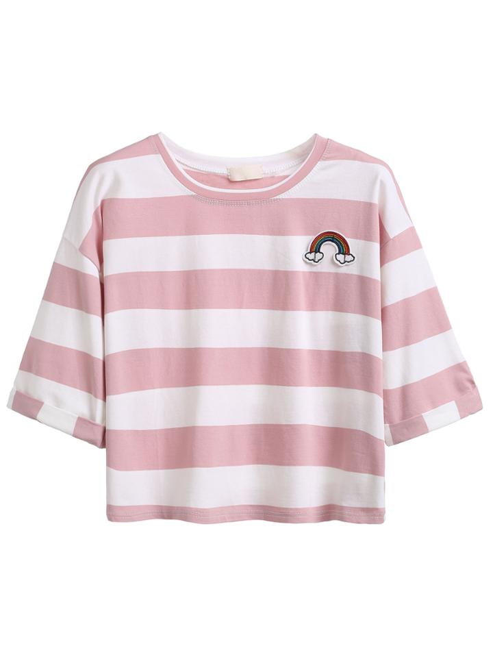 Romwe Contrast Striped Embroidery Patch Roll Sleeve T-shirt