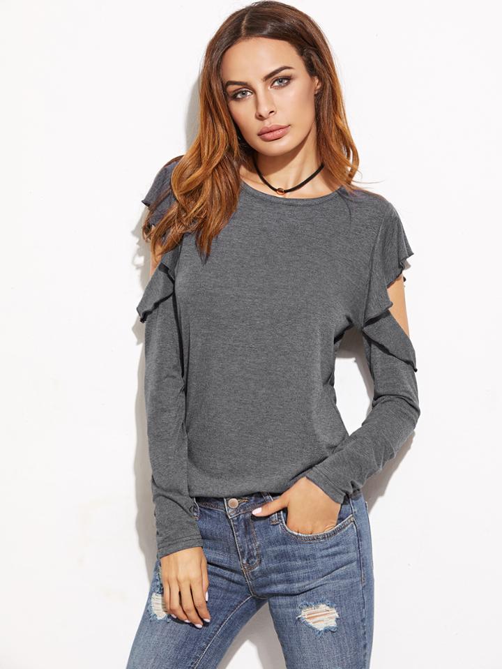 Romwe Heather Grey Ruffle Open Shoulder T-shirt