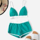 Romwe Contrast Trim Seam Top With Shorts Bikini