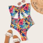 Romwe Random Flower Print Cut-out Tie Front One Piece Swim