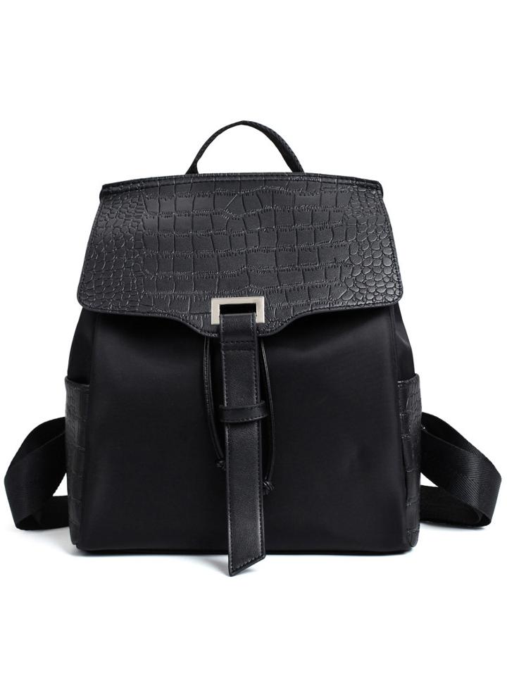 Romwe Crocodile Embossed Faux Leather & Nylon Backpack - Black