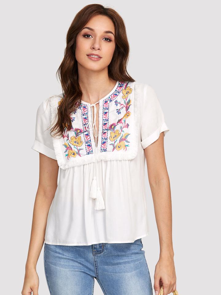 Romwe Embroidery Tassel Detail Top