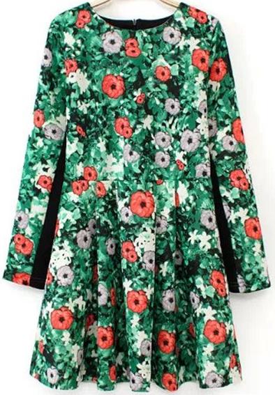 Romwe Green Long Sleeve Floral Pleated Dress