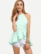 Romwe Mint Green Halter Neck Backless Asymmetric Peplum Top