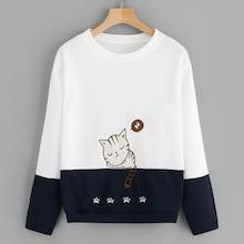 Romwe Cut And Sew Cat Embroidery Sweatshirt