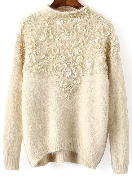 Romwe Apricot Crew Neck Dip Hem Sweater