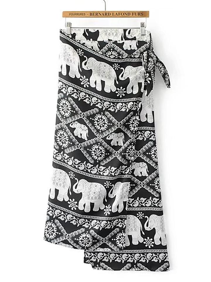 Romwe Tribal Print Knot Detail Asymmetrical Skirt