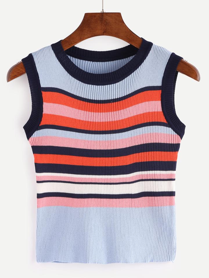 Romwe Colorful Striped Ribbed Knit Tank Top