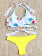 Romwe Calico Print Tassel Tie Wrap Bikini Set