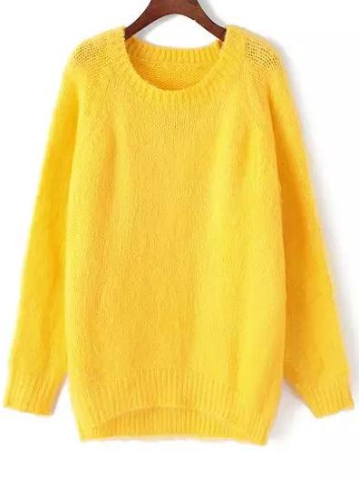 Romwe Crew Neck High Low Yellow Sweater