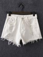 Romwe White Frayed Distressed Denim Shorts
