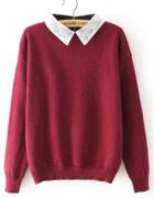 Romwe Lace Lapel Loose Red Sweater