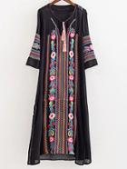 Romwe Black Embroidery Split Side Fringe Keyhole Dress