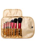 Romwe 7pcs Red Professional Makeup Brush Set With Gold Bag