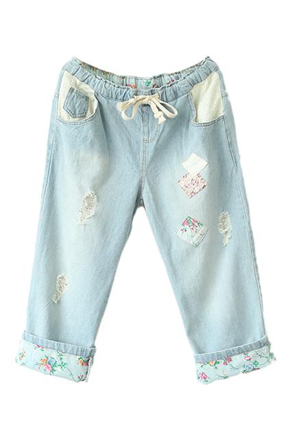 Romwe Washed Drawstring Denim Jeans
