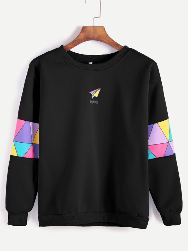 Romwe Black Paper Airplane Print Patchwork Trim Sweatshirt