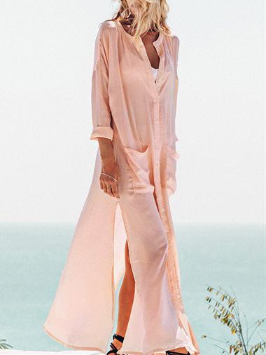 Romwe Dual Pocket Collarless Slit Long Blouse