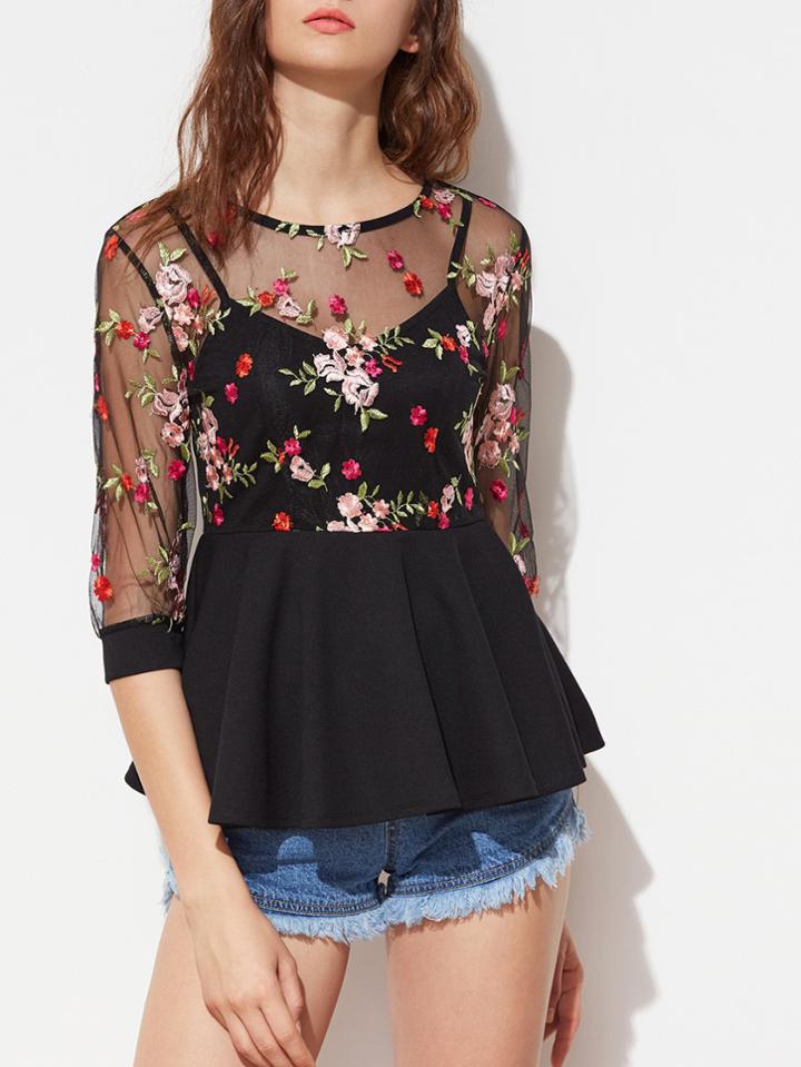 Romwe Flower Embroidered Mesh Overlay 2 In 1 Peplum Top