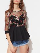 Romwe Flower Embroidered Mesh Overlay 2 In 1 Peplum Top