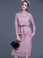 Romwe Pink Round Neck Long Sleeve Tie-waist Two Pieces Dress