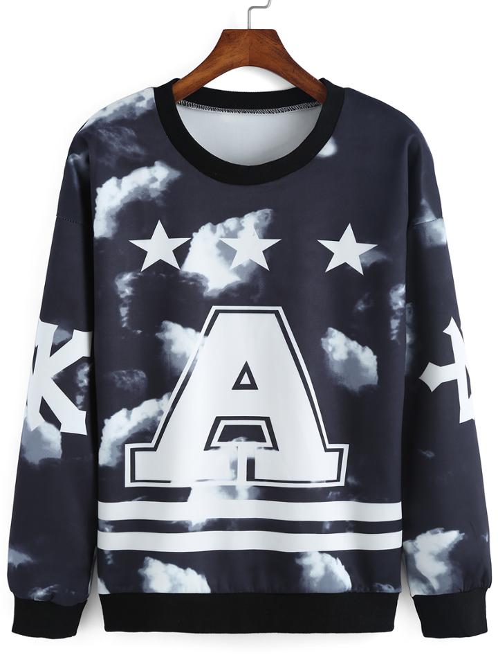 Romwe Round Neck Stars Print Sweatshirt
