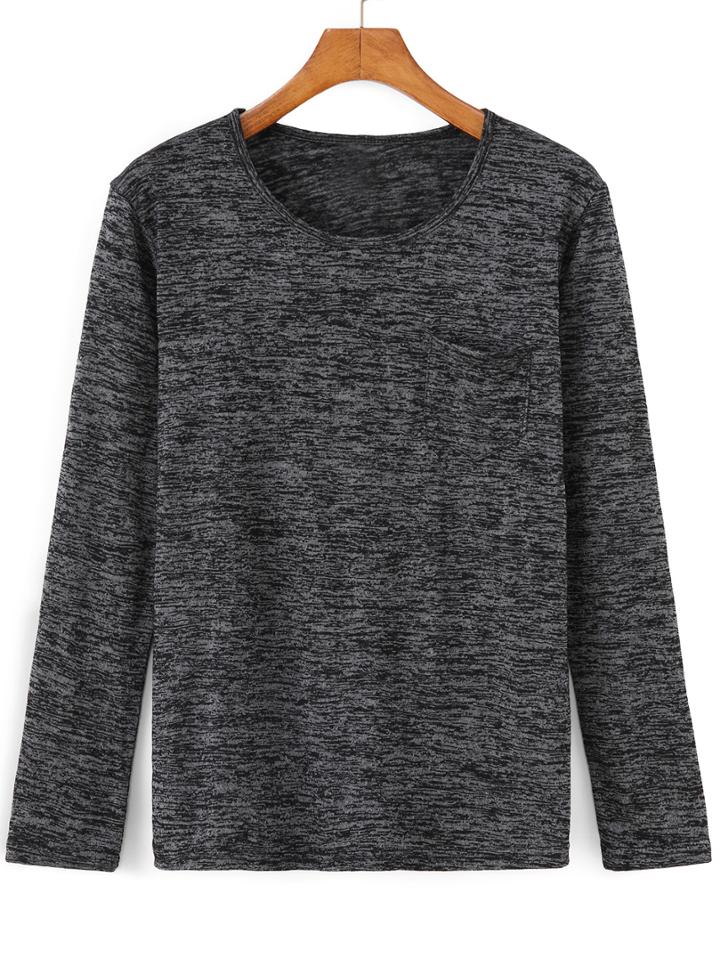 Romwe Long Sleeve Pocket Black T-shirt