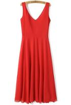 Romwe Red V Neck Sleeveless Backless Pleated Dress
