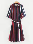 Romwe Vertical Striped Slit Side Shirt Dress