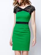 Romwe Green V Neck Short Lace Sleeve Bodycon Dress