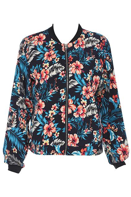 Romwe Flower Print Zippered Blue Jacket