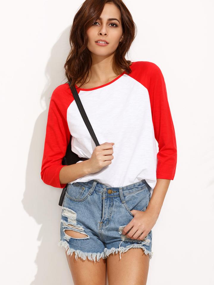 Romwe Color Block Round Neck Three Quarter Sleeve T-shirt