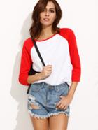 Romwe Color Block Round Neck Three Quarter Sleeve T-shirt
