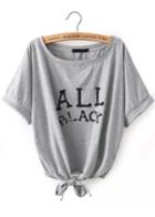 Romwe Knotted Letter Print Grey T-shirt