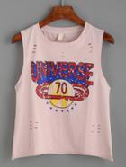 Romwe Pink Letters Print Ripped Tank Top