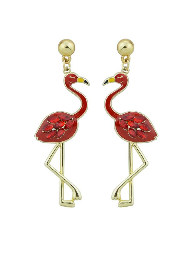 Romwe Red Enamel Rhinestone Flamingo Drop Party Earrings For Women