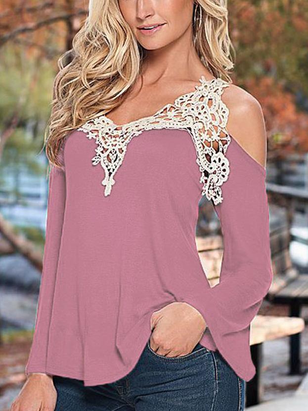Romwe Lace Insert Russet-red Open Shoulder Top