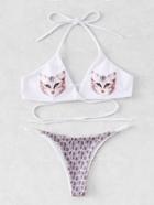 Romwe Cat Print Wrap Bikini Set