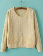 Romwe Embroidered Cable Knit Beige Sweater