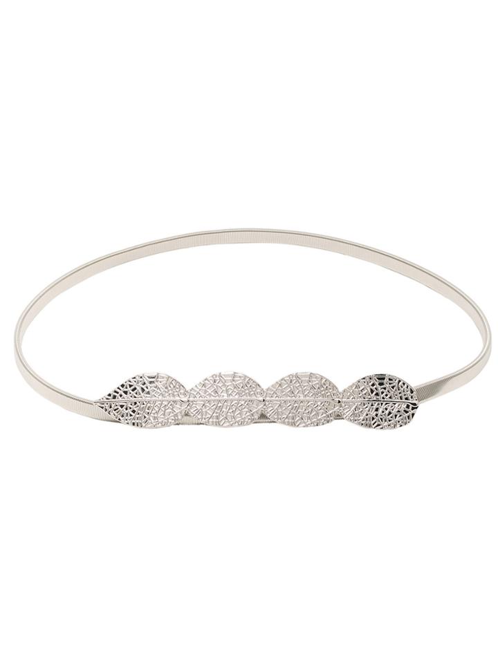 Romwe Silver Metal Leaf Buckle Elastic Belt