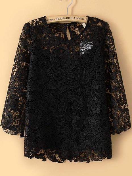 Romwe Round Neck Lace Embroidered Black Top