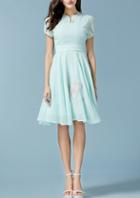 Romwe Green Stand Collar Plate Buttons Embroidered Chiffon Flare Dress