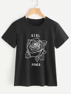 Romwe Letter And Rose Print Tee