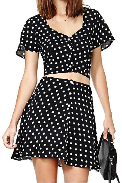 Romwe Polka Dots Print V-neck Buttoned Black Shirt