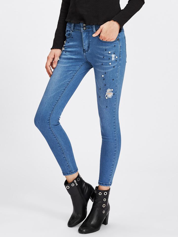 Romwe Beaded Ripped Detail Skinny Jeans