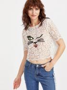 Romwe White Cat Embroidered Floral Lace Top