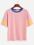 Romwe Pink Number Print Contrast Striped Trim T-shirt